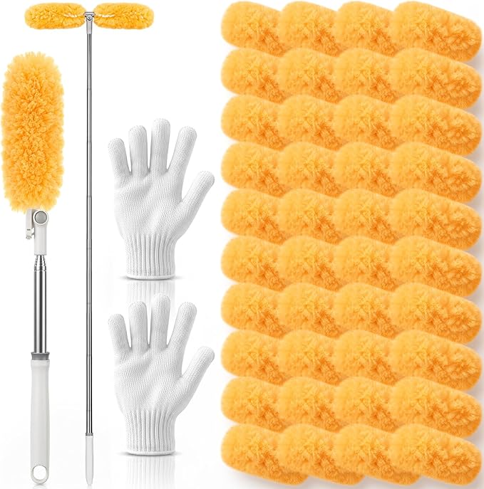 6 ft Extendable Duster Handle with 40 Refills and 1 Pair of Gloves Compatible with Swiffer Duster 360° Heavy Duty Microfiber Dusters Kit for Cleaning High Ceilings and Fans, Vents(Orange)
