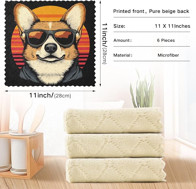 JIPONI 6 Pack Kitchen Dishcloth, Jap Shiba Inu Dog Absorbent Kitchen Towels for Dishes, Fast Drying Microfiber Dish Rags, 11x11 inch