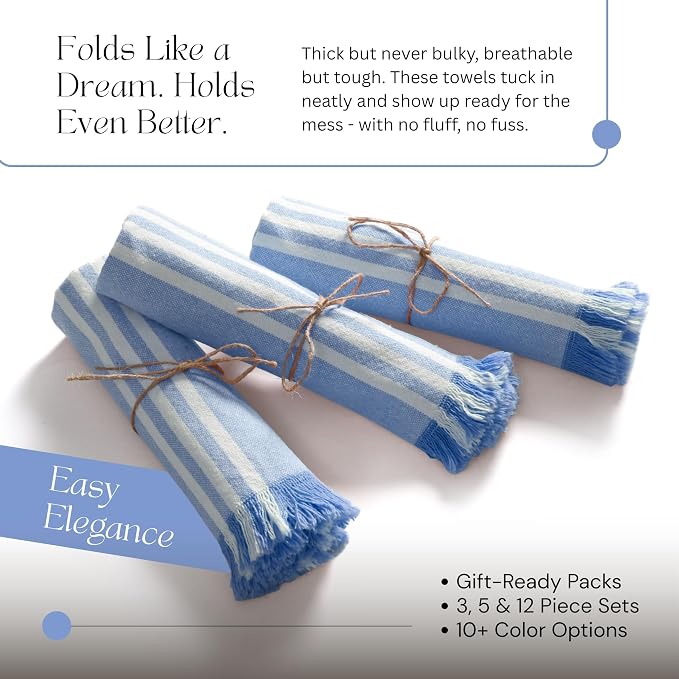 5 Pack Monochrome Stripe Dish Towels with Fringes, 16"x26", 100% Cotton, Absorbent & Durable, Quick Drying Kitchen Towels for Daily Cleaning, Cooking & Baking, Easy Care, Sky Blue
