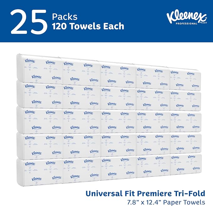 Kleenex Professional Premiere Towels, Bulk (13253), Fast-Drying Absorbency Pockets, Trifold, White (120 Sheets/Pack, 25 Packs/Case, 3,000 Sheet Total)