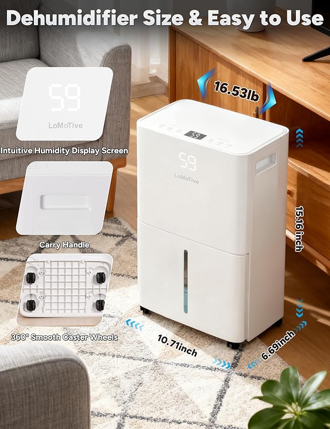 34 Pint Smart Dehumidifier with Drain Hose for Home up to 2500 Sq.Ft | WiFi,App Remote Control, 1.6L Water Tank, 24H Timer,Digital Display, Easy Carry,Ultra-Quiet,Compact,Continuous Drain