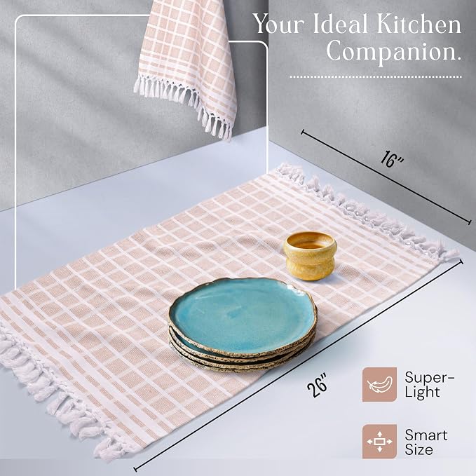 Matrix Dobby Kitchen Towels 12 Pack 100% Cotton, 16"x26", Handmade Knotted Tassel Dish Towels, Reusable & Washable Cloths for Drying, Absorbent Tea Towel for Cleaning - Beige, White