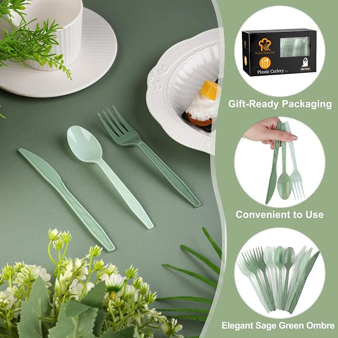 Kochorie 360 Pieces Gradient Sage Green Plastic Cutlery Set Disposable Plastic Utensils Heavy Duty Flatware Set Includes 120 Knives 120 Forks 120 Spoons for Birthday Wedding Baby Shower Party, Picnic