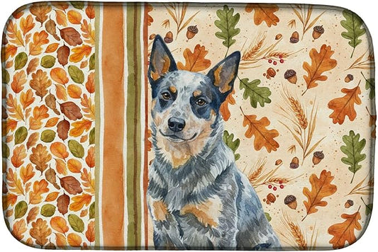 Caroline's Treasures Blue Heeler Australian Cattle Dog Heirloom Fall Dish Drying Mat Absorbent Dish Drying Mat Pad for Kitchen Counter Dish Drainer Mat for Countertop, 14 x 21", Multicolor