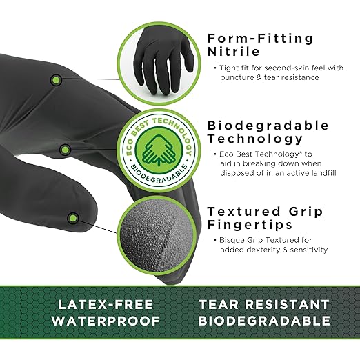 SHOWA 6112PF Sustainable EBT Latex-Free, Powder-Free, Nitrile Disposable Single Use Safety Gloves, 4 Mil, 9.5" Length, Black, Small, (1 Box/100 Gloves)