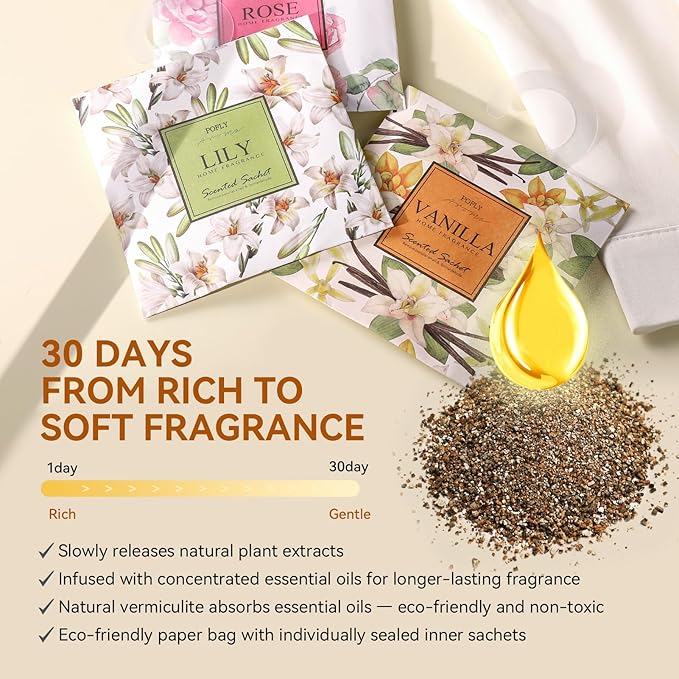 12 Pack Vanilla Scented Sachets, Long-Lasting Fresh Scent, Air Freshener for Closet & Drawers, Hanging Deodorizer for Home
