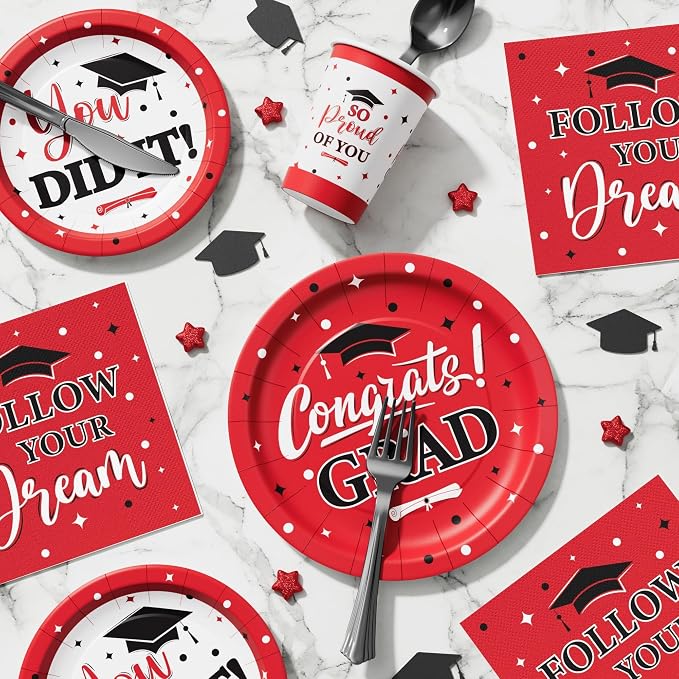 Graduation Decoration Class of 2026, 175PCS Graduation Party Supplies Disposable Dinnerware(Serve 25) with Paper Plates Cup Napkin Fork Knife Spoon College High School Grad Decor (Red & Black)