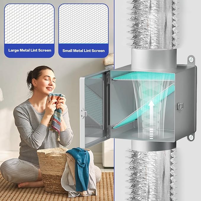 Dryer Duct Lint Trap,Inline Dryer Lint Trap Box,lint trap for Dryer Vent for Electric Clothes Dryers with 4inch 8FT Dryer Vent Hose, 2 Clamps, 2 Metal Filter Screens