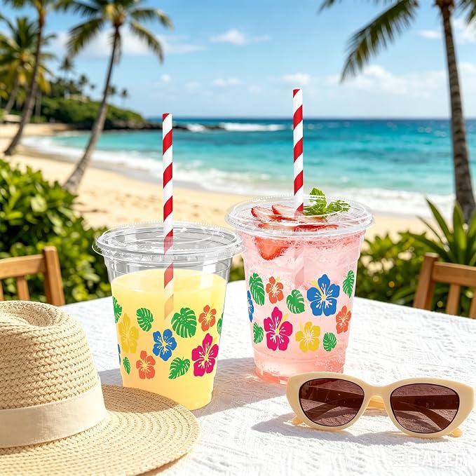 50 Sets Hawaii Hibiscus Flower Plastic Cups with Lids Straws 12 oz Colorful Tropical Flower Disposable Cups Drinking Cold Beverage Cup for Summer Beach Luau Aloha Birthday Party Supplies