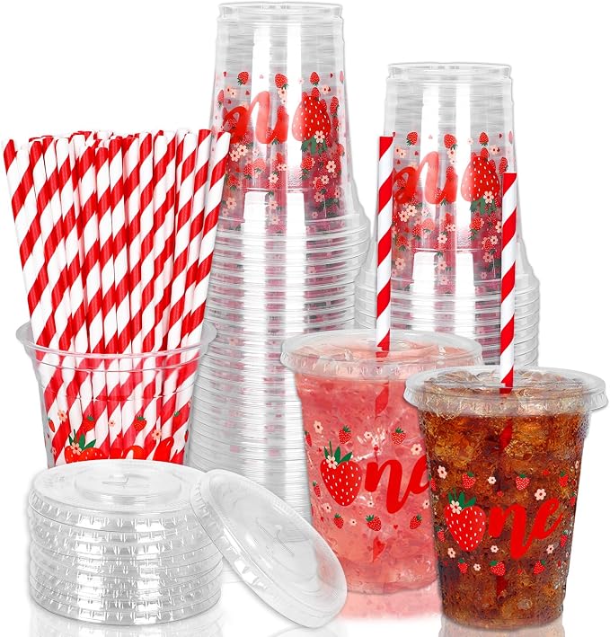 Whaline 50Pcs Strawberry Disposable Plastic Cups with Lids and Straws 12 Oz Sweet One Berry Cold Beverage Drinking Cups for First Birthday Summer Fruit Party