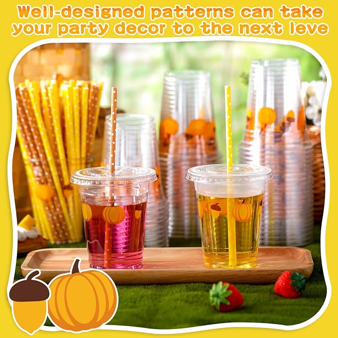 100 Set Fall Pumpkin Disposable Plastic Cups with Lids and Straws 12 oz Pumpkin Acorn Plastic Party Cups Transparent Cold Beverage Drinking Cups for Autumn Thanksgiving Party Supplies(Orange)
