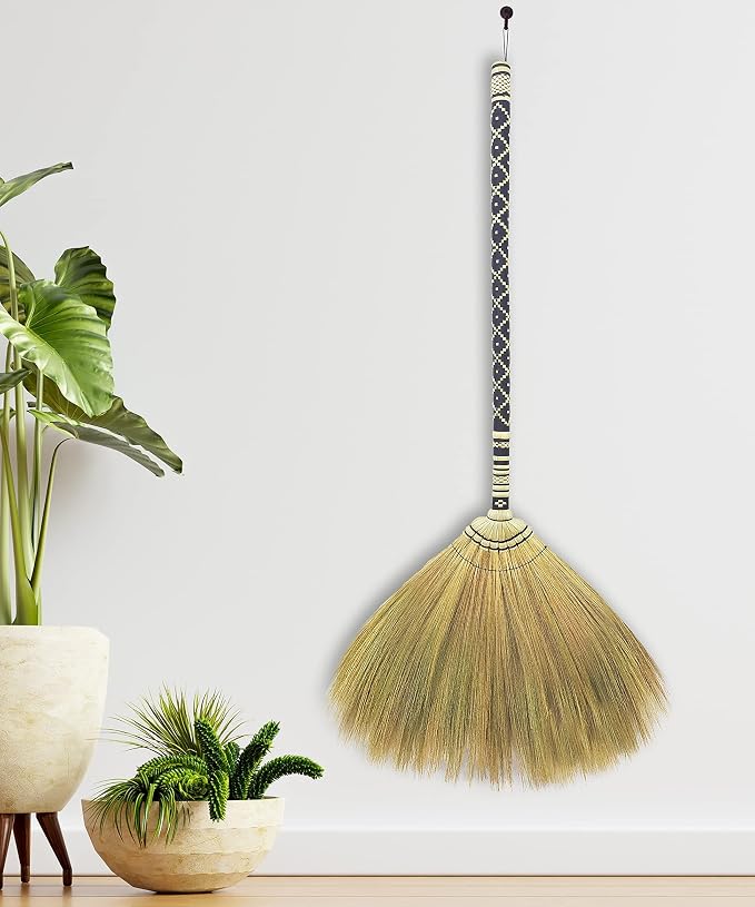 Natural Grass Broom Indoor Outdoor, Vintage Retro Embroidered Woven Nylon,Handmade Broom,Housewarming Gift Witch,Bamboo Stick Handle(Black)