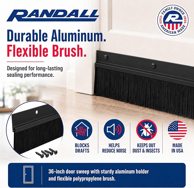 Black Aluminum & Long-Brush Door Sweep – 3 ft (36″) – Seals Gaps Up to 2″ – Pre-Drilled with Color-Matched Screws – All-USA Made Weatherseal for Doors, Garage, Exterior & Interior