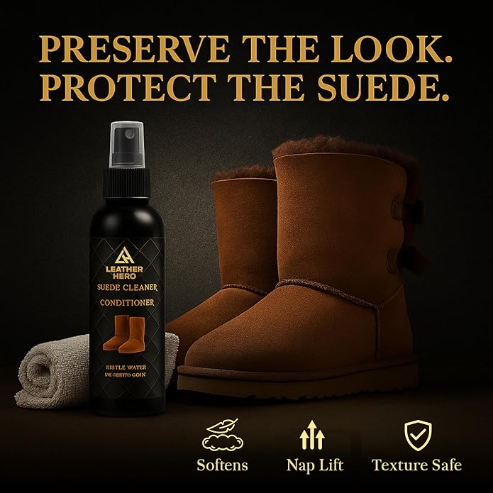 Leather Hero Suede & Sheepskin Cleaning Kit – Compatible with UGG Boots – Foam Cleaner & Conditioner, Water & Stain Protector, Deodorizer, Eraser, Brushes & Cloth – 7-Piece Complete Care Set