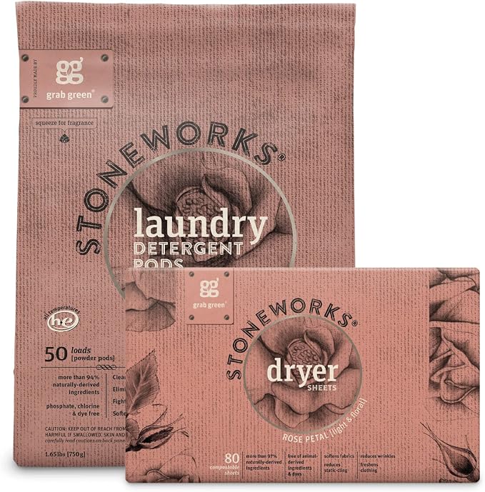 Grab Green Stoneworks Laundry Bundle, 50 Detergent Pods and 80 Dryer Sheets | Rose Petal Scent; Plant & Mineral-Based; Sustainable Dryer Sheets; No Harsh Chemicals; Fights Stains; Eliminates Odors