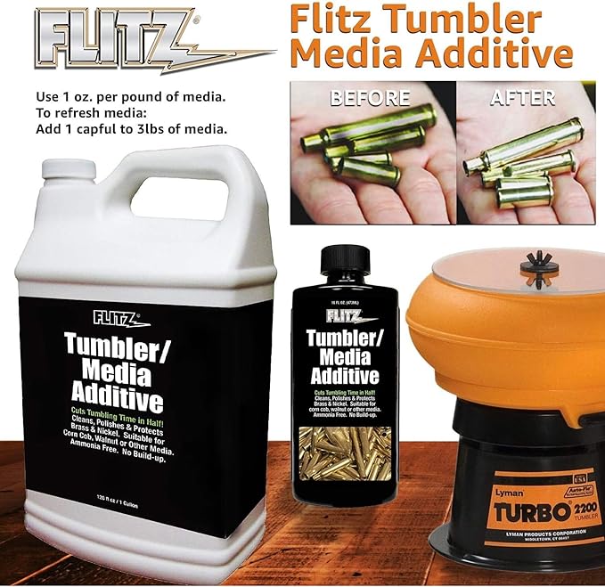FLITZ Tumbler Media Additive - 16oz Bottle of USA-Made Brass Cleaner Reloading Liquid for Ammo, Copper, & All Metals - Ammonia-Free Tumbling Polish to Remove Oxidation, Powder Residue (1 Pack)