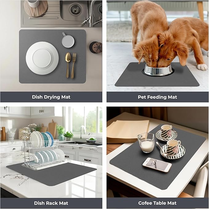 Dish Drying Mat Super Absorbent – 16" x 12" Coffee Mat for Countertops – Non-Slip Drying Mat for Kitchen Counter – Easy to Clean Water Absorbent Mat – Quick Dry Dish Drying Mats (Dark Gray)