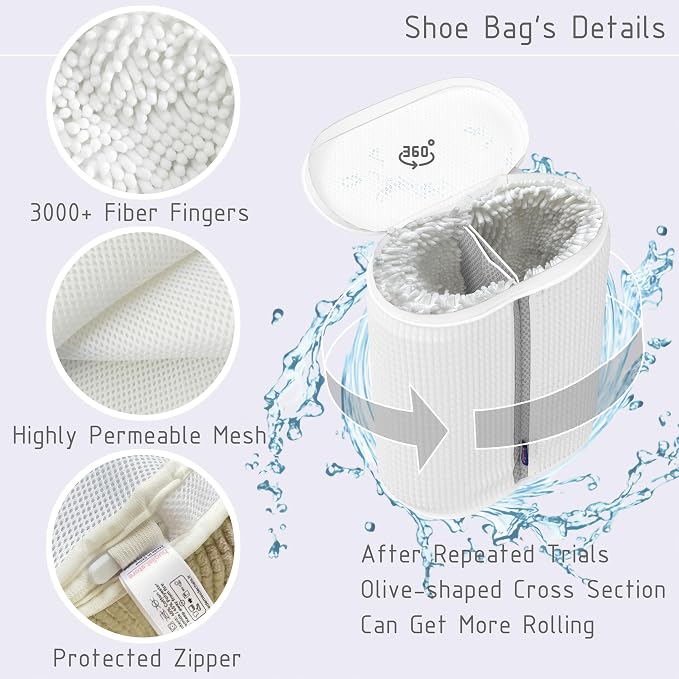 Shoe Washing Machine Bag - Shoe Bag for Washing with Adjustable Shoe Trees, Laundry Shoe Bag for 2 Shoes, Fluffy Fiber, Wrap-around Cleaning in washer and dryer, Durable Zipper, White