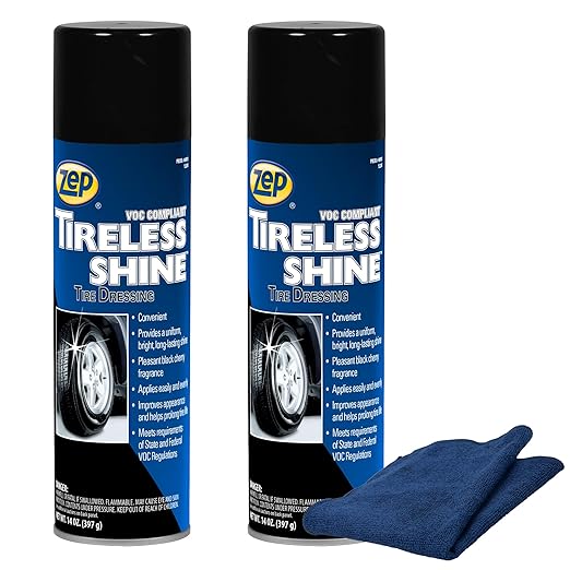 Zep Tireless Shine Tire Dressing 14 oz (2 Units) & a Blue Microfiber Rag ECBD033 - Long-Lasting Aerosol Tire Shine Paired with a Reusable Rag for Car and Truck Detailing