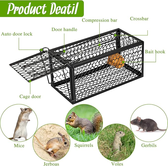 Qualirey 2 Pcs Humane Rat Trap Chipmunk Rodent Mouse Squirrel Trap 9.1 x 4.5 x 4.5 Inches Live Animal Mouse Voles Hamsters Live Cage Rat Cage for Mice Easy to Catch and Release (Black)