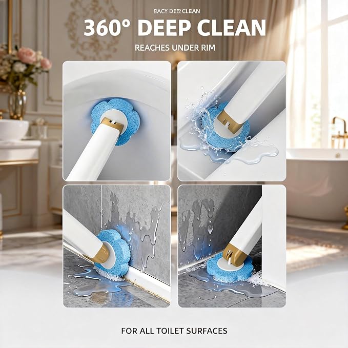 Disposable Toilet Brush Scrubbing 54 Refills Holder Wall Mount | Built-in cleaner, Ergonomic wand, Long handle, No wash,Click-discard