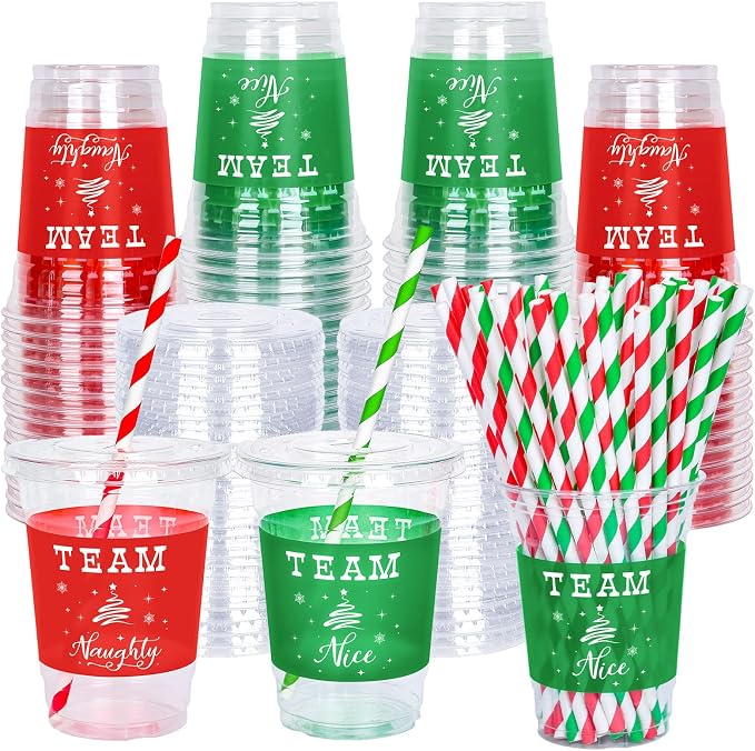 JarThenaAMCS 50 Pcs 12oz Christmas Plastic Cups with Lids and Straws Red Green Team Naughty or Nice Xmas Disposable Party Cups for Beverages Drinks Holiday Party Supplies