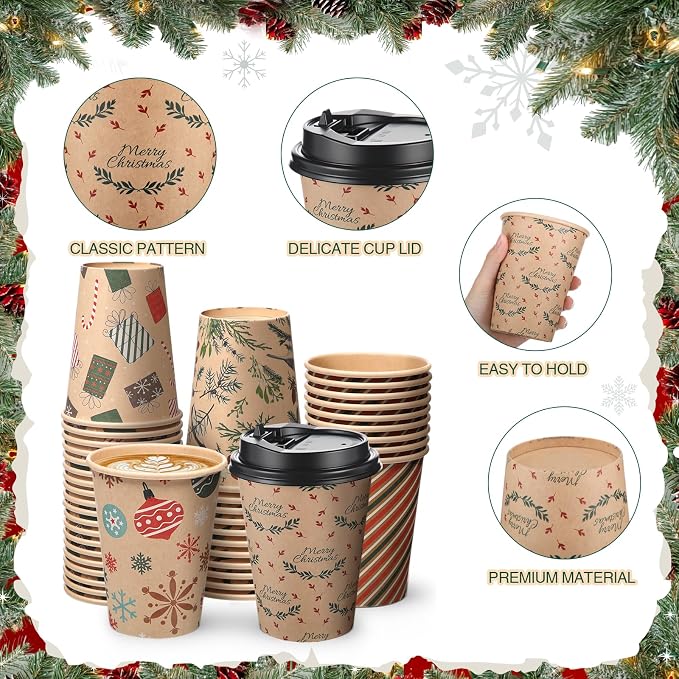FoldTier 100 Pcs 12 oz Christmas Paper Cups with Lids Xmas Disposable Coffee Cups Holiday Kraft Paper Drinking Xmas Party Drinkware Supplies for Holiday Cocoa Beverage Cold Hot Drinks(Classic 2)