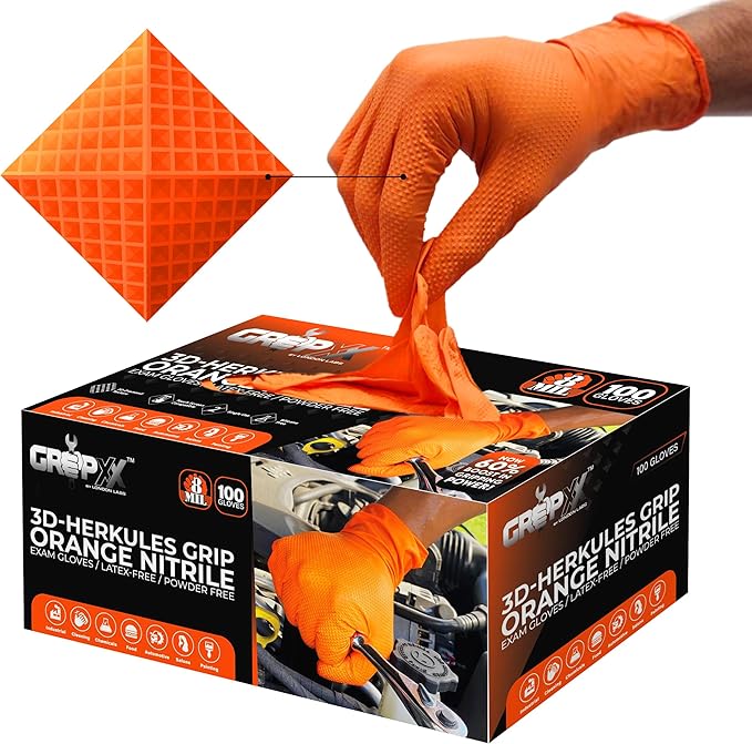 GRIPXX Herkules Grip Heavy Duty 8Mil Orange Nitrile Gloves,3D Raised Diamond Texture-Latex & Powder Free-Industrial, Mechanic (1, Small)