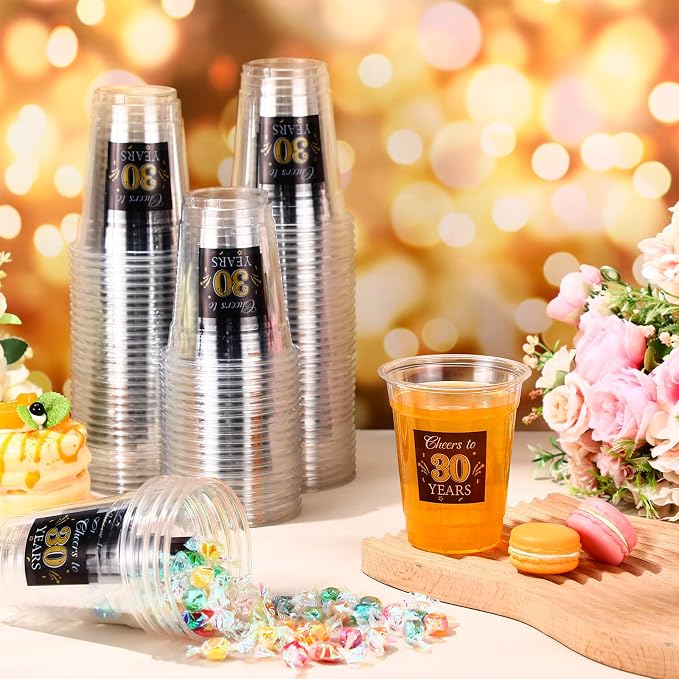 Funnymoom 100 Pack 30th Birthday Cup 12 oz Cheers to 30 Years Happy Birthday Disposable Clear Plastic Cups for Him Men Women Wedding Anniversary Decorations Party Favors