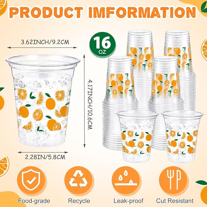 Jingmore 100 Pcs Orange Plastic Cups 12 oz Little Cutie Citrus Disposable Clear Plastic Drinking Cups Bulk for Fruit Theme Little Cutie Baby Bridal Shower Birthday Wedding Party Decorations Supplies