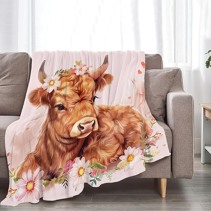 Tijuboni Pink Cow Throw Blanket Highland Cow Gifts for Girls Women Boys Men Kids Adults Soft Flannel Fleece Blanket for Couch Sofa Bed Home Decor 50"x60"