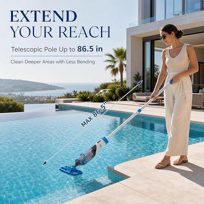 Cordless Handheld Pool Vacuum with Telescopic Pole, Rechargeable Pool Vacuum Cleaner, 18.5 GPM Strong Suction, Up to 60 Min Runtime, for Above Ground & Inground Pools, Hot Tubs & Spas