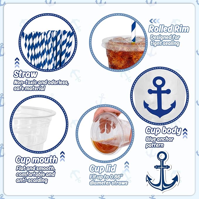 Whaline 50Pcs Nautical Disposable Plastic Cups with Lids and Straws 12 Oz Blue Anchor Cold Beverage Drinking Cups for Ocean Theme Birthday Party Supplies