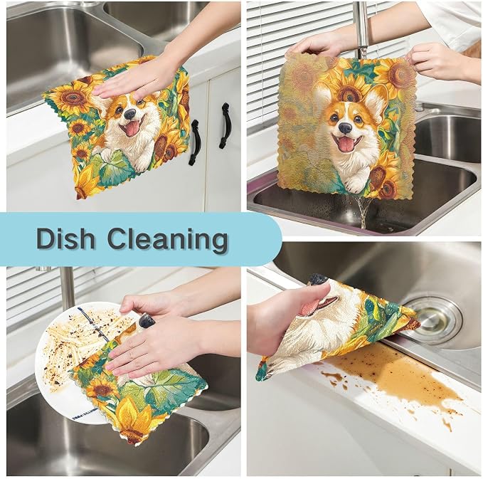 Yellow Sunflowers and Corgi Dogs Kitchen Towels Dish Cloths Set of 6 Microfiber Cleaning Cloths for Cars Super Absorbent Machine