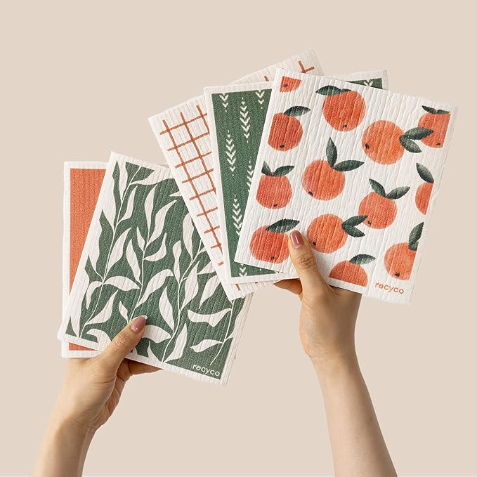 RECYCO Swedish Dishcloths 5 Pack 8" x 7" & Waffle Kitchen Towel Set of 2 16" x 28", Peachy Leaves,