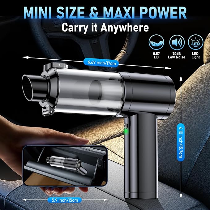 Car Vacuum Portable Cordless, 35000Pa High Power Brushless Motor Handheld Vacuum, 6-in-1 Rechargeable Mini Cleaner with Air Duster for Car, Home, Pet Hair, Keyboard, Graphite Grey