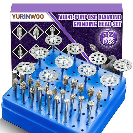 60 Grit Diamond Grinding Bit Set for Dremel, Rotary Tool Grinding Cutting Wheel 1/8” Shank for Stone Glass Tile Jewelry Engraving Rock Etching Carving Metal Wood - 32Pcs