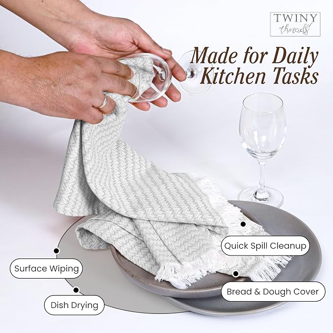 TWINY threads Kitchen Towel Chevron Design, Premium 100% Cotton Kitchen Linen Set, Large Dish Rags and Wash Rags, Absorbent Quick Drying, Washable Reusable, Pack of 4, 16"x26", Light Grey