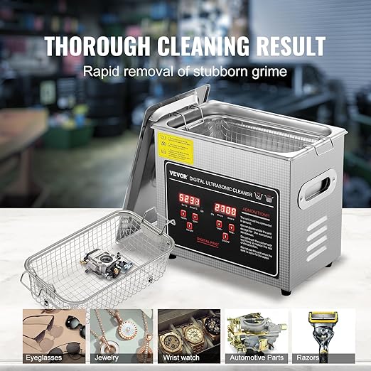 VEVOR Ultrasonic Cleaning Machine with Digital Timer & Heater, Professional Jewelry Cleaner, Stainless Steel Heated Cleaning Machine for Glasses Watch Rings Small Parts Circuit Board (3L)