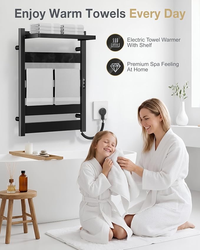 Heated Towel Rack for Bathroom, Wall Mounted Towel Warmer with Top Shelf, Fast PTC Heating in 6 Minutes, 4 Temperature Levels 110–170°F, 2–12H Timer, Space Aluminum Electric Towel Warmer Rack, 350W
