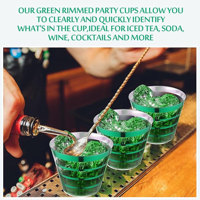 Gejoy 9 oz 100pcs St Patricks Day Rimmed Stripe Plastic Cups Bulk Disposable Wine Hard Plastic Drinking Cocktail Cups Tumblers for Wedding Gathering Party Supplies(dark Green