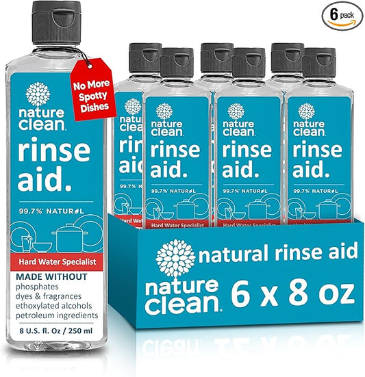 Nature Clean Dishwasher Rinse Aid Liquid, Non Toxic Natural Formula, Spot Free Shine for Glasses & Dishes, Hard Water Stain Remover, Dishwasher Drying Agent, 8 oz/250 ml Pack of 6
