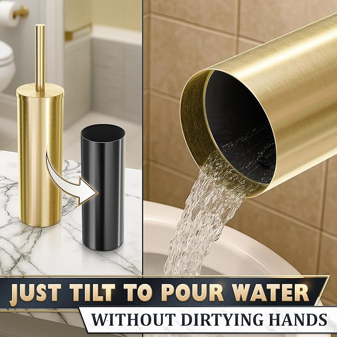 Gold Toilet Brush and Holder Set - Brushed Stainless Steel Gold Toilet Bowl Brush and Holder with Replaceable Head, Removable Inner Bowl, and Splash Protection - Dense Bristles for Thorough Cleaning