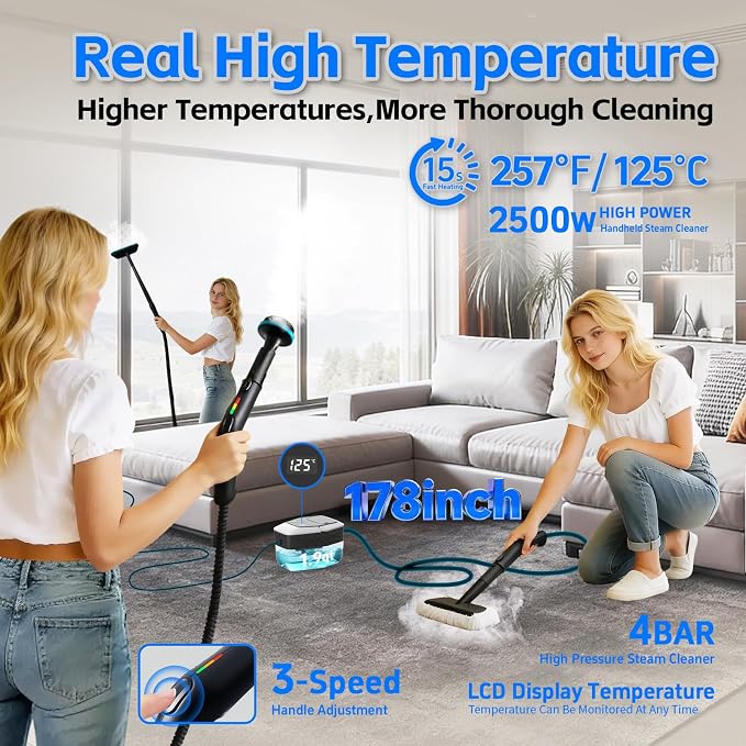 Steam Cleaner for Home(True High Temperature257℉),3-Levels Adjustable Handle Steamer for Cleaning,1.9 Quart Steam Cleaner for Car,2500W Handheld Steam Cleaner,Clean Grease,Dirt,Tile Furniture