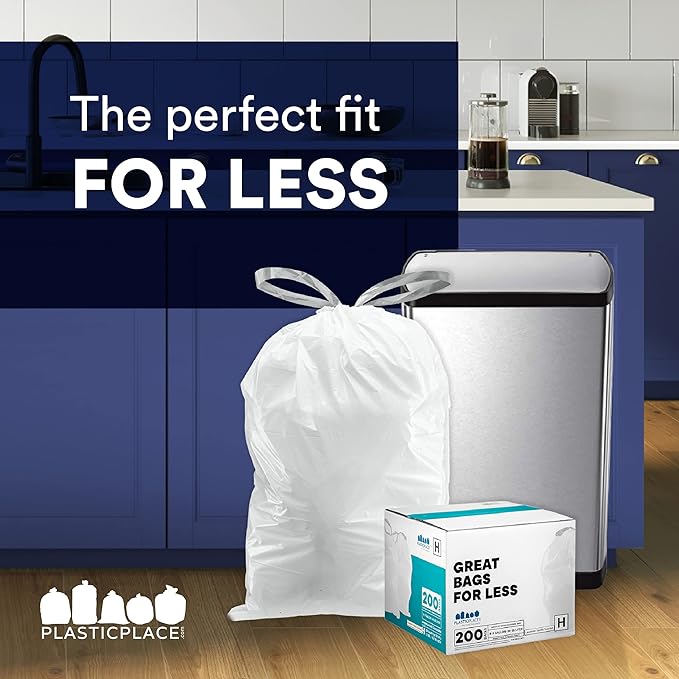 Plasticplace Custom Fit Trash Bags Compatible with Simplehuman Code J 50 Count White Drawstring Garbage Liners 10-10.5 Gallon 21"x28" Tear-Resistant LLDPE Bags for Kitchen Bathroom & Office