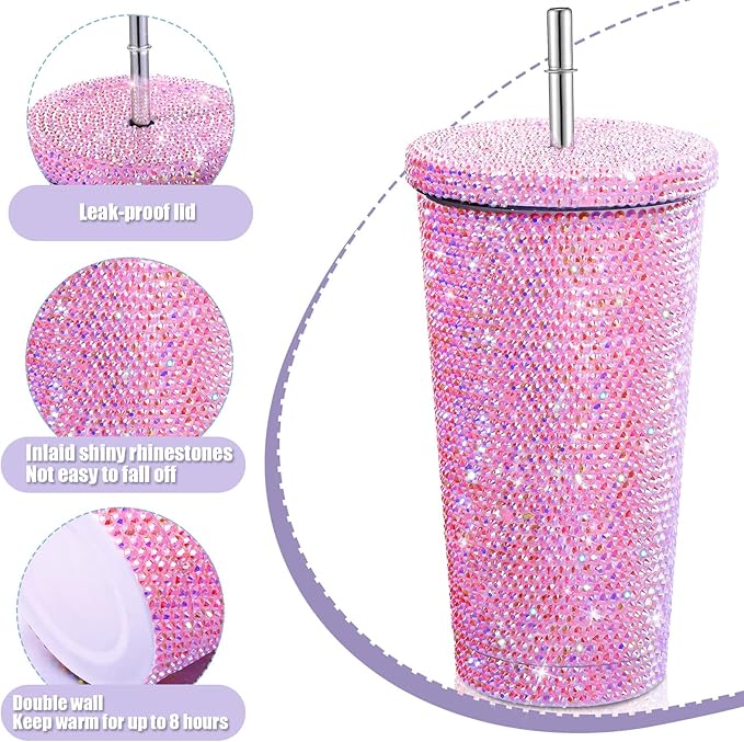 Mimorou Studded Bling Diamond Tumbler Glitter Water Bottle with Lid Stainless Steel Vacuum Thermal Straw Rhinestone Tumbler with 1 Pcs Cup Brush 6 Pcs Straw Brushes for Women(16.9 oz,AB Pink)