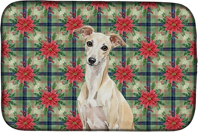 Caroline's Treasures Cream Italian Greyhound Christmas PoinsettIas Dish Drying Mat Absorbent Dish Drying Mat Pad for Kitchen Counter Dish Drainer Mat for Countertop, 14 x 21", Multicolor
