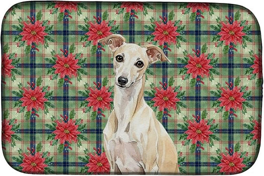 Caroline's Treasures Cream Italian Greyhound Christmas PoinsettIas Dish Drying Mat Absorbent Dish Drying Mat Pad for Kitchen Counter Dish Drainer Mat for Countertop, 14 x 21", Multicolor
