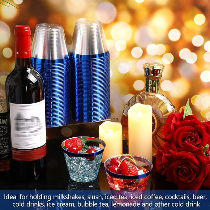Lounsweer 100 Pcs 9oz Rimmed Plastic Cups Wedding Clear Cocktail Cups Heavy Duty Disposable Wine Glasses for Birthday Bridal Shower Baby Shower Holiday Celebrations(Blue)