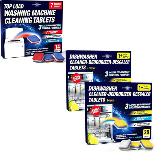 Washing Machine Cleaner Tablets Top Load 14 Pack & Dishwasher Cleaner Deodorizer Descaler Tablets 28 Pack Bundle - 2 Plus Year Supply - Septic Safe Eco Friendly Formula